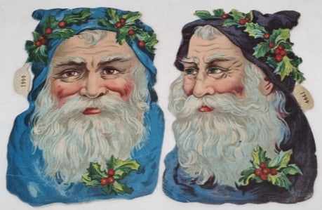 Antique Chromolithographed Santa Claus Die-Cuts ("Scraps"), c. 1900, German Christmas Ephemera: A delightful set of antique Santa Claus die-cut scraps, dating to approximately 1900, and beautifully produced using the vibrant chromolithographic printing techniques for which Germany became world-f