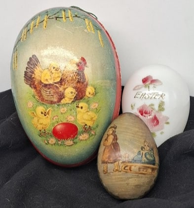 Large West German Easter Egg with Painted Milk Glass Easter Egg & Hand-Painted Wooden Candy Containe (1 of 6)