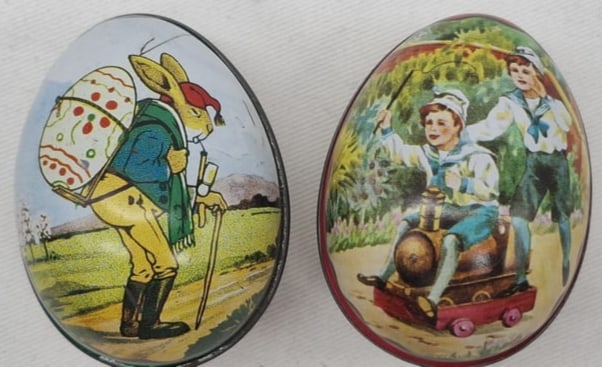 Pair of Lithographed Tin Easter Egg Candy Containers Penny Toys, Early 20th Century (1 of 2)