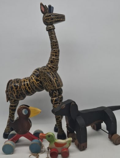 Collection of Scandinavian Wooden Pull Toys and Twistums Giraffe, Mid-20th Century (1 of 8)