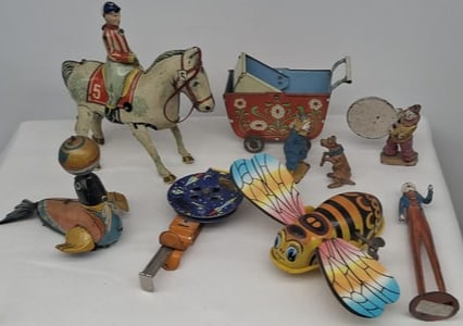 Collection of German and Japanese Tin Wind-Up Toys, Mid-20th Century: Attractive collection of mid-20th-century tin lithographed toys manufactured in Germany and Japan, including examples by Marx and other makers. This diverse grouping reflects the golden age of mechani
