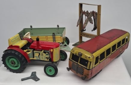 Tin Wind-Up Tractor with Trailer, Tin Bus, and Dutch Railway Platform Sign, Mid-20th Century (1 of 9)