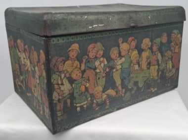 Large Art Deco Lithographed Tin Box with Children, Circa 1920s: Attractive large lithographed tin box dating to the 1920s, featuring wonderfully detailed and colorful graphics of children rendered in the charming style of the period. Measuring approximately 29.5 x