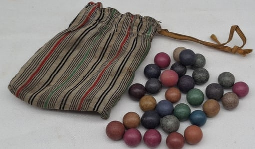 Antique German Clay Marbles in Original Cloth Bag, Late 19th/Early 20th Century (1 of 1)