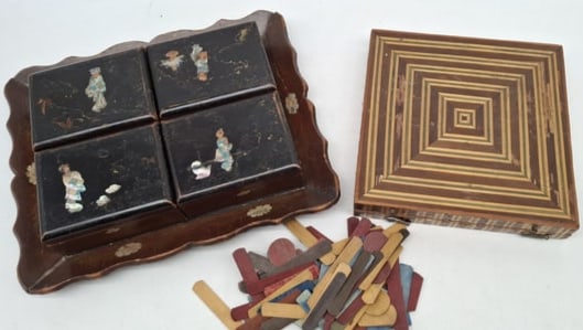 Collection of 19th Century Bone Gaming Counters in Decorative Boxes and Tray (1 of 9)
