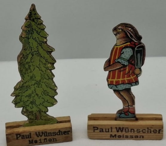 Embossed Cardboard Easter Bunny on Wood Base - Germany: this is a very nice little embossed figure, made in Germany before World War 2, he is about 3 inches tall, these were given away by retail stores in Germany for Christmas and Easter.