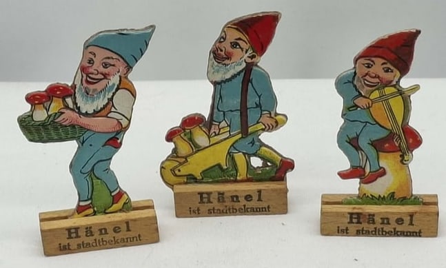 Embossed Cardboard Gnomes / Elves on Wood Base - Germany: this is a very nice little embossed figure, made in Germany before World War 2, he is about 2 3/4 inches tall, these were given away by retail stores in Germany for Christmas and Easter.