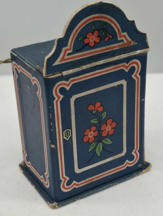 Candy Container Christmas Tree Ornament - Dresden: This is a charming little Dresden type candy container, it has a string on back to hang it on a Christmas tree. about 3 inches tall