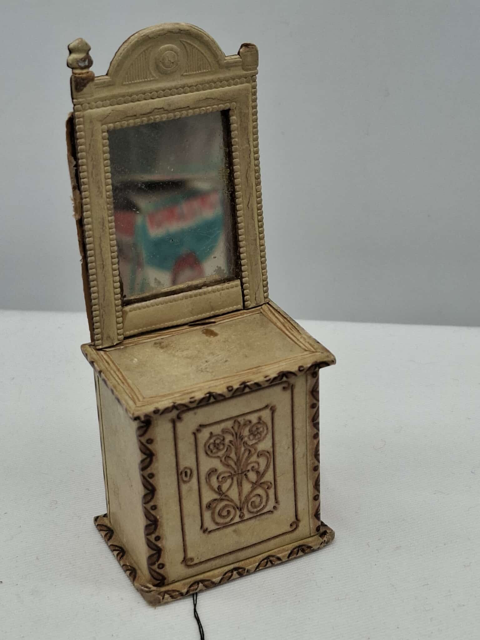 Candy Container Christmas Tree Ornament - Dresden: This is a charming little Dresden type candy container, it has a string on back to hang it on a Christmas tree. about 4 1/2 inches tall