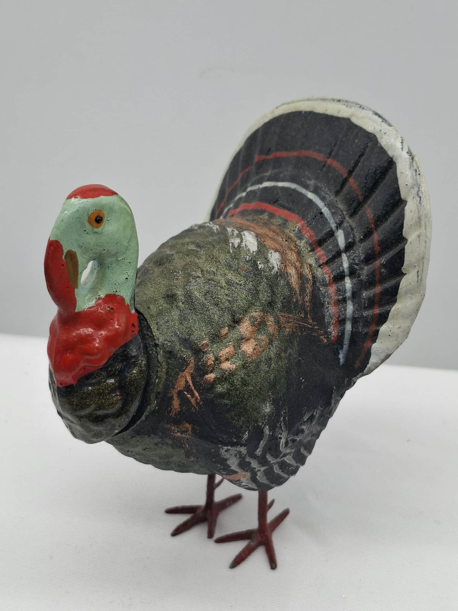 Dresden Cardboard Turkey Candy Container: This is a charming little Dresden type candy container, it has a string on back to hang it on a Christmas tree. about 4 1/2 inches tall