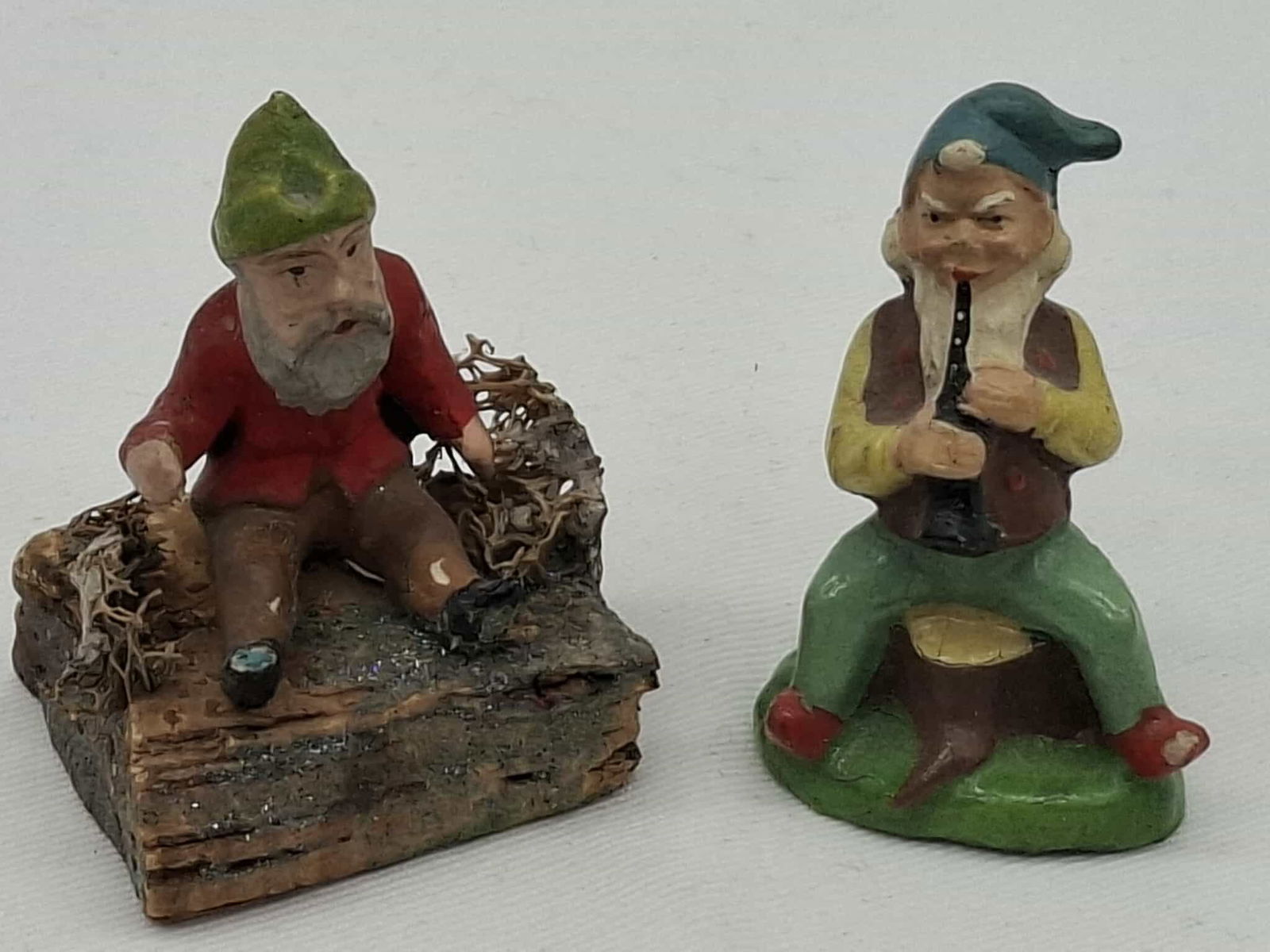 German Papier Mache Elves: Amazing detail on these little papier mache Elves, unmarked, but I'm sure they are German, about 1 3/4 inches tall