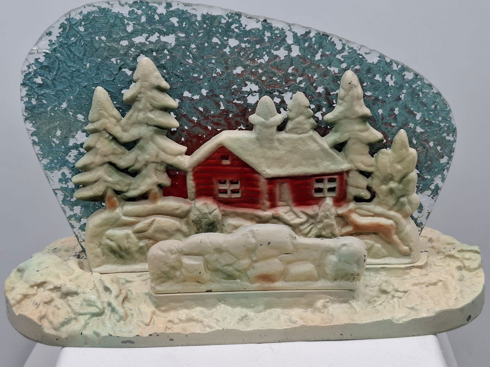 Christmas light - metal base w/glass panel: this is a very unusual old Christmas light, a metal base with a glass panel, there is an electric light on the back, It is about inches