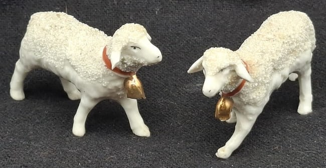 Snowbaby Lambs: a nice pair of antique German snowbaby sheep, they are about 1 3/4 inches tall