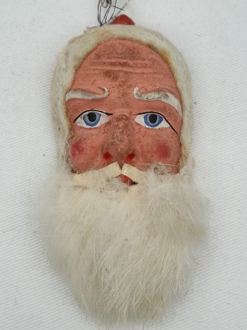 Paper Mache Santa Claus Face Ornament - Old German: This is a charming old German feather tree ornament; it is about 3 inches tall