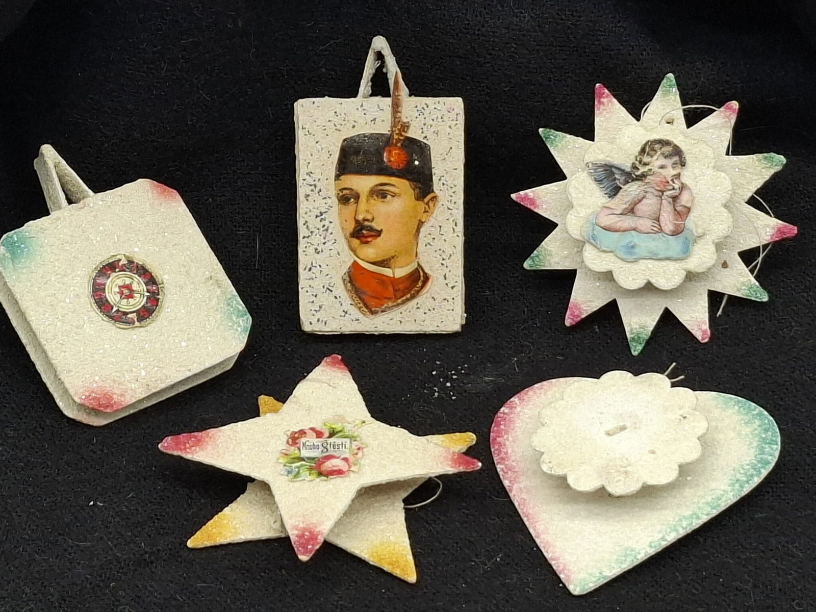 Old German Cardboard Christmas Tree Ornaments: wonderful old German feather tree ornaments, cardboard covered in Glitter, the largest is about inches