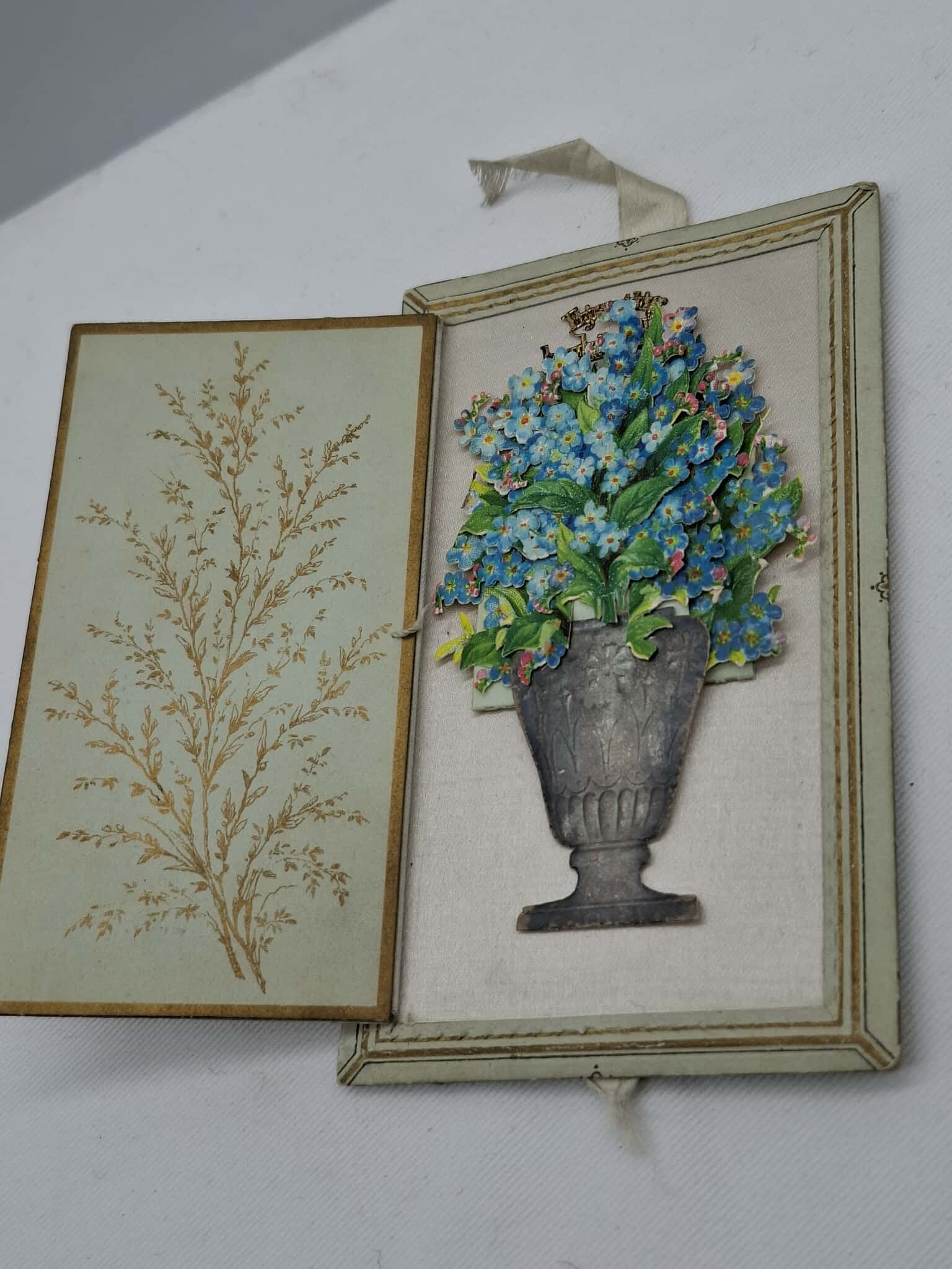 Stunning Dresden Mechanical Card: One of the most amazing items in this sale, when the card is open, if you pull the ribbon that is coming out of the bottom the Vase Expands, then pull the ribbon at the top to get it to lay back down,