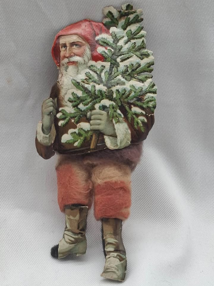 Spun Cotton Santa: A very nice old spun cotton Santa with a scrap face, about 5 inches tall