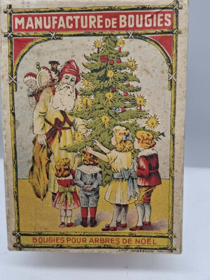 Great Early Christmas Candle Box: this is a beautiful old German die cut angel, she is designed to have a Crepe or Cotton Skirt added so she can be used as a treetop, she is Stunning.