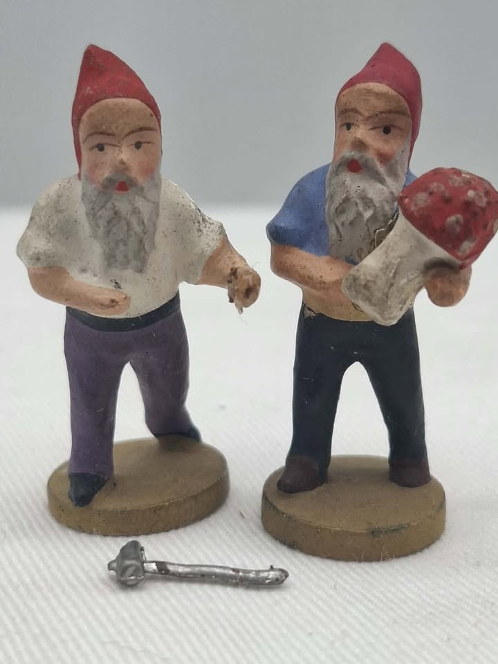 German Papier Mache Elves: Amazing detail on these little papier mache Elves, unmarked, but I'm sure they are German, about 2 inches tall
