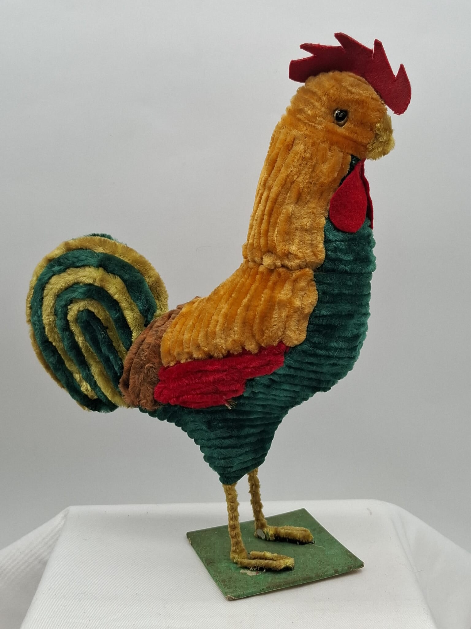 12" Rooster Candy Container: This is a large colorful rooster candy container, it is papier mache covered in chenille, about 12 inches tall