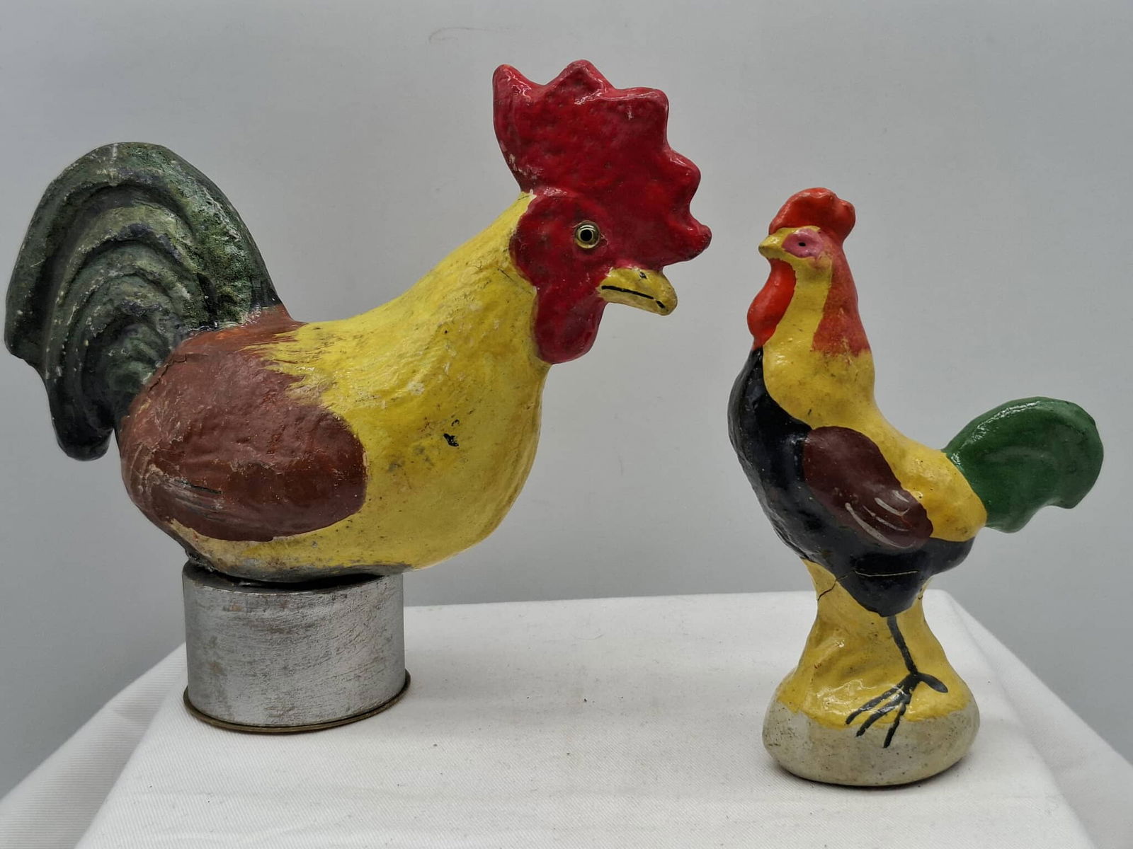 Papier Mache Chickens ~ Candy Container: two nice old papier mache chickens, one is standing ona candy box, about 6 inches tall