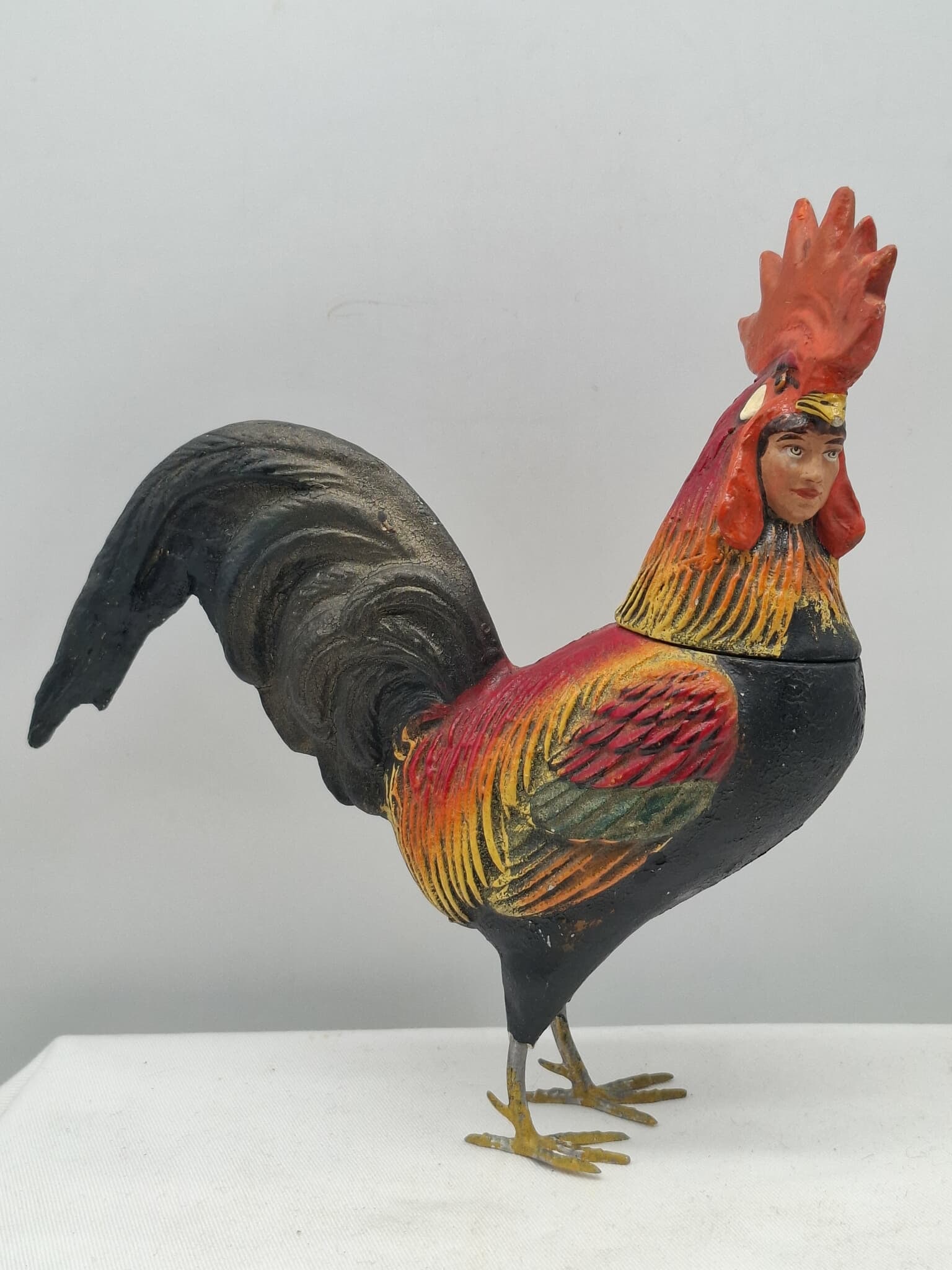 Chanticleer Rooster Candy Container: I have not seen another example of this Rare Candy Container, it is made of papier mache with lead feet, he is all original with no signs of any damage or repair, He has been in a prominent collection