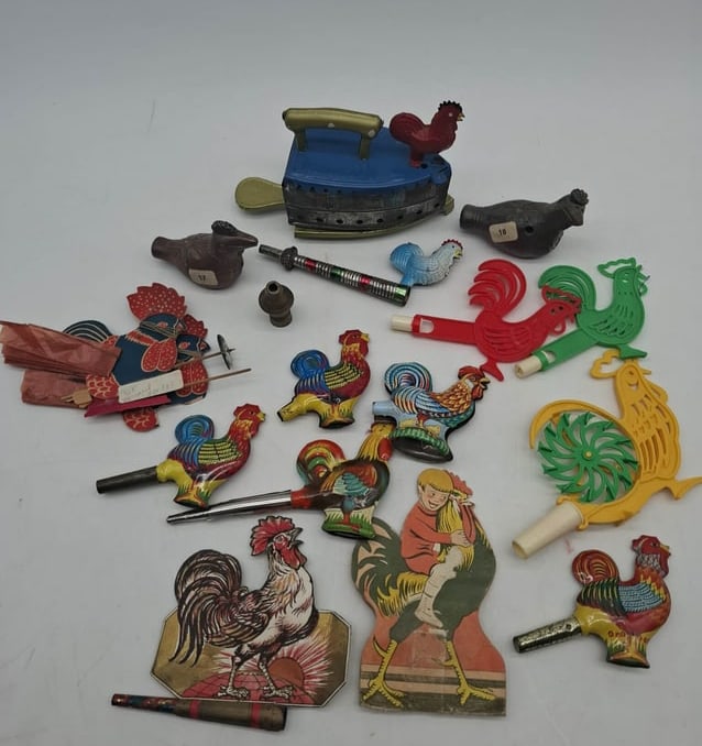 Metal Rooster Whistles ~ Circa 1900 ~: This is part of a large collection from a Paris Collector, many of the stickers show collection dates in the 1980s and 90s, The other rooster items in the sale are also from the same Collector. It too