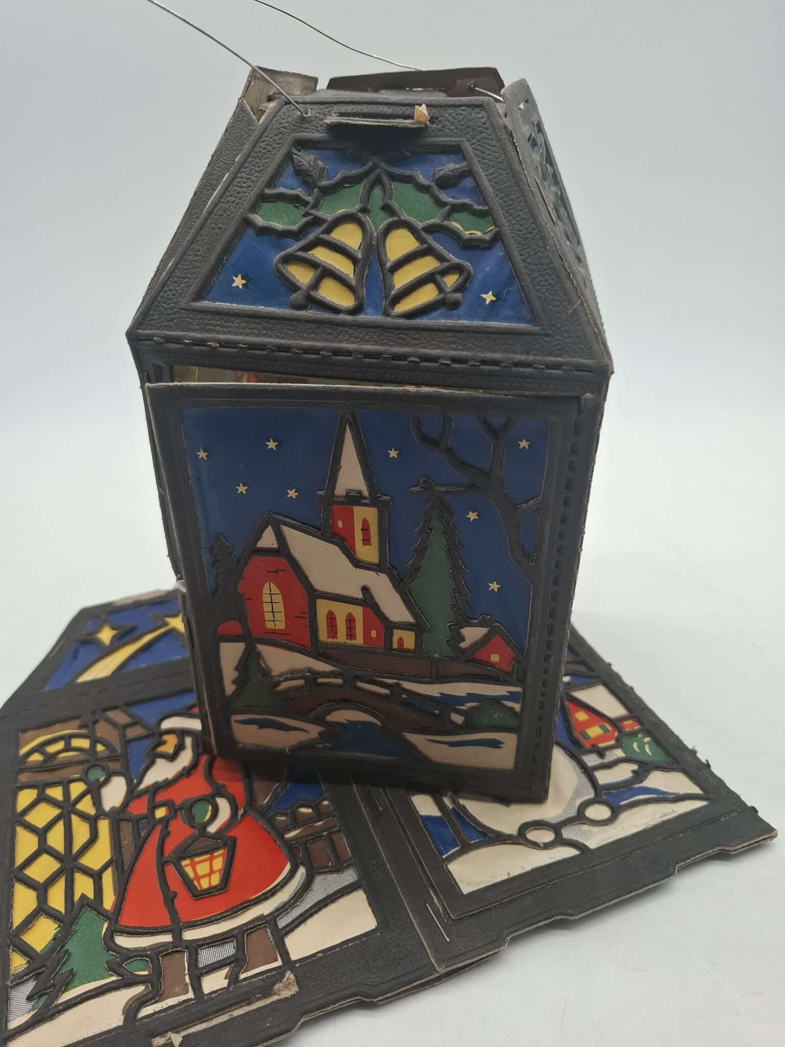 Old German Christmas Candle Lanterns: A very nice pair in wonderful condition, I have partially assembled one to illustrate, both are complete, about 10 inches tall