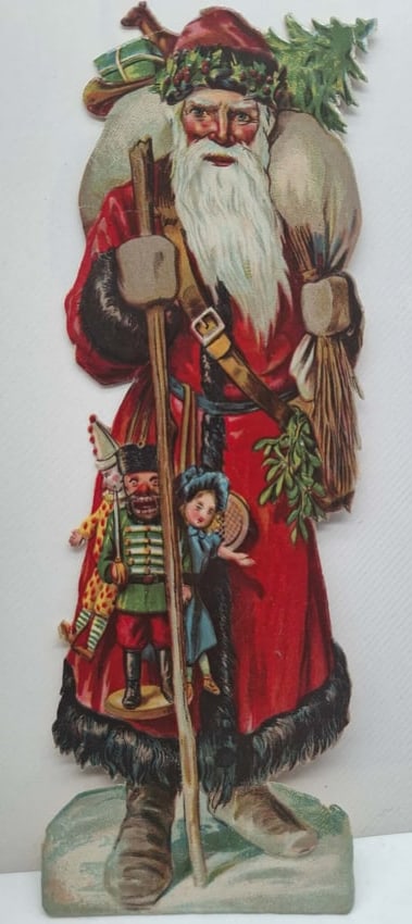 Large Santa Scrap Die Cut: Very nice old German Santa scrap die cut, he is about 8 inches tall, great color and detail.