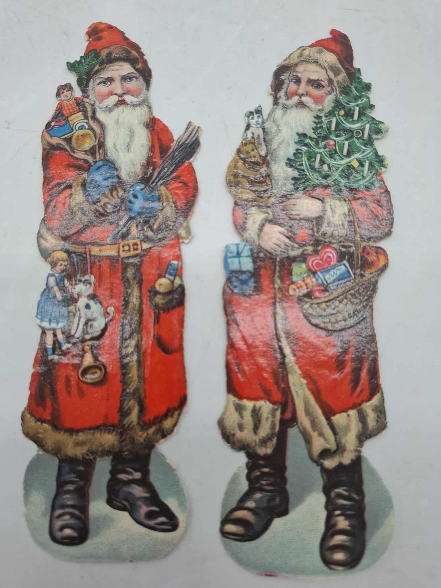 2 Santa Scrap Die Cut: 2 Very nice old German Santa scrap die cuts, they are about 6 inches tall, great color and detail.