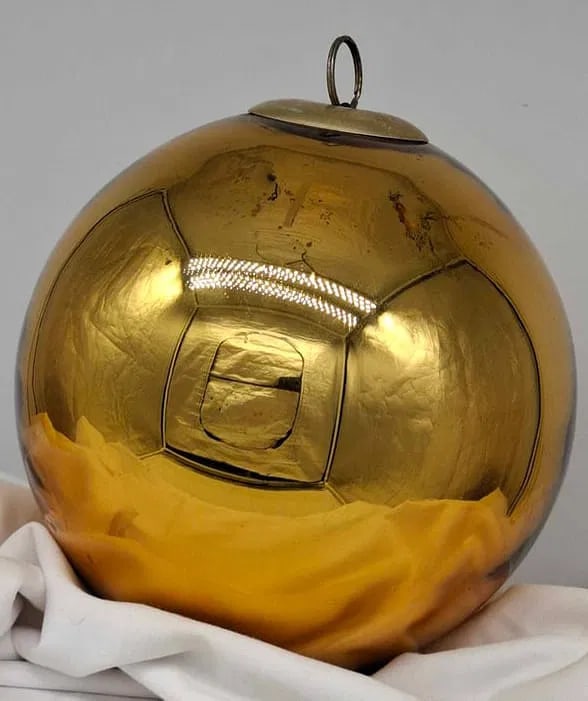 Large Gold Kugel: this is a wonderful Large old Kugel Glass Ball, these are often used for Christmas and as a Witch Ball, it is about 9 inches, about the size of a soccer ball, French or German, it has a few dark spots