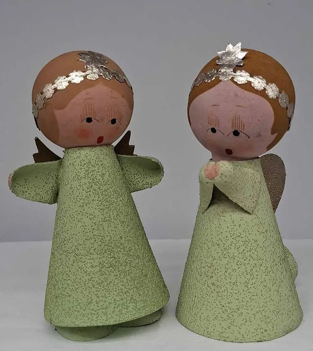 Angel Candy Containers w/Bells ~ US Zone Germany: two charming cardboard candy containers, marked US ZONE Germany, the kneeling figure has bells inside, Dresden trim, hand painted faces, about 7 inches tall