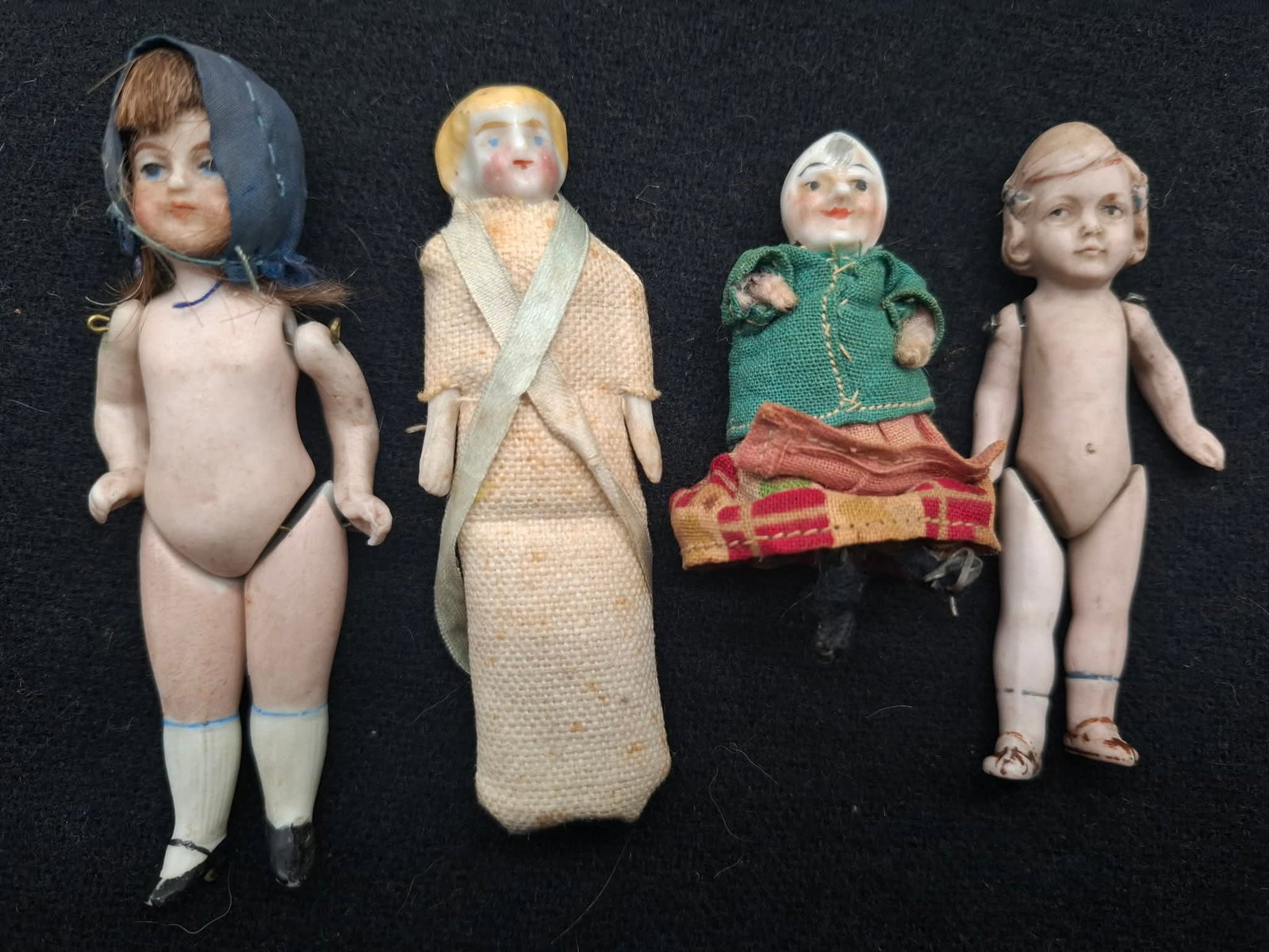 Collection Small Bisque Dollhouse Dolls: nice old dolls, the largest one is about 3 inches and is cracked (see Photos) made of bisque, small dressed doll has a spun cotton body