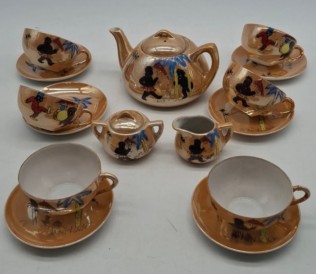 Toy Tea Set ~ 1930s copper luster: this is a very cute little mid 20th century child's tea set, black americana, a full set without damage
