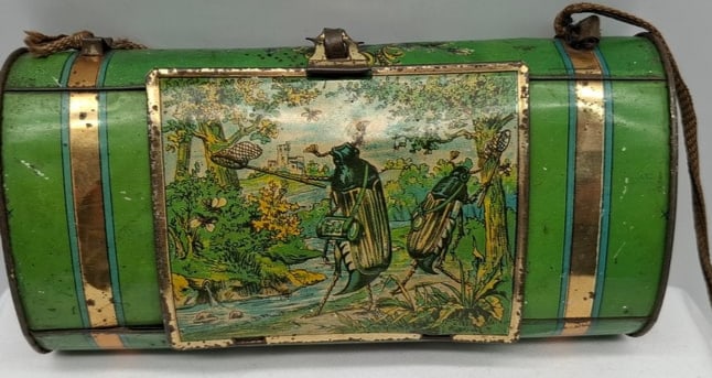 Tin Vasculum ~ For Botanical Specimen Collecting: This is a charming Tin Vasculum, these were used for children to collect botanical specimens, this one is about 8 inches long, great lithography