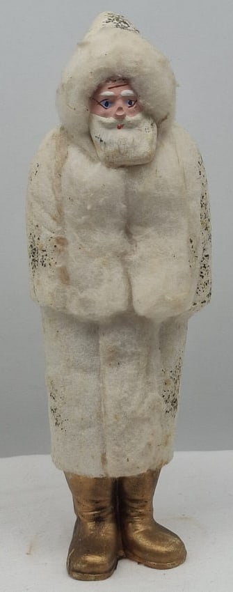 German Santa Claus Candy Container: Very nice old Santa, he has a papier mache face and feet, body is cardboard wrapped in cotton, about 9 inches tall