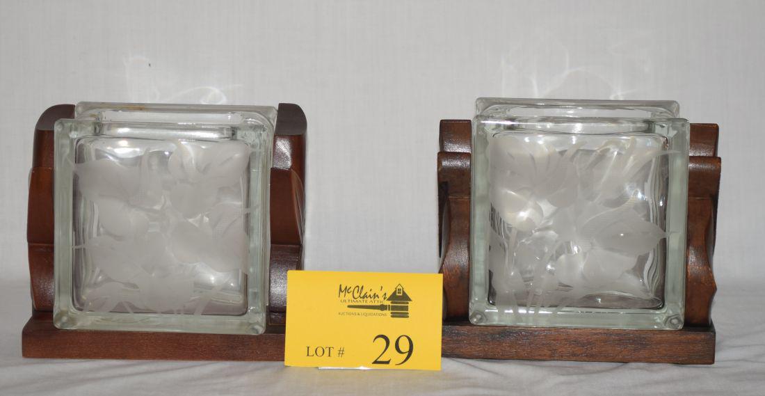 FRANK ODA ETCHED GLASS BLOCK VASES, CARVED STANDS (1 of 3)