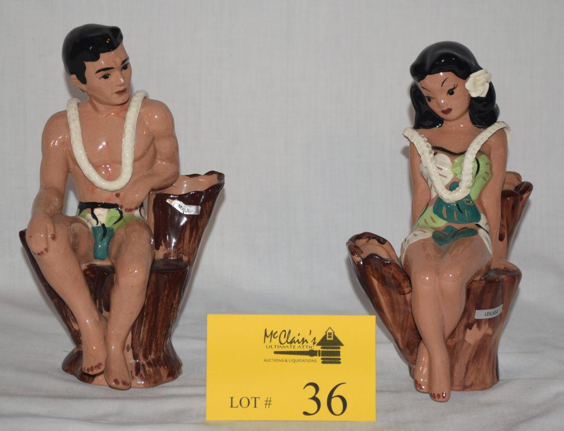 DELEE HAWAIIAN SITTING FIGURAL VASES, LEILANI & MAUI (1 of 8)