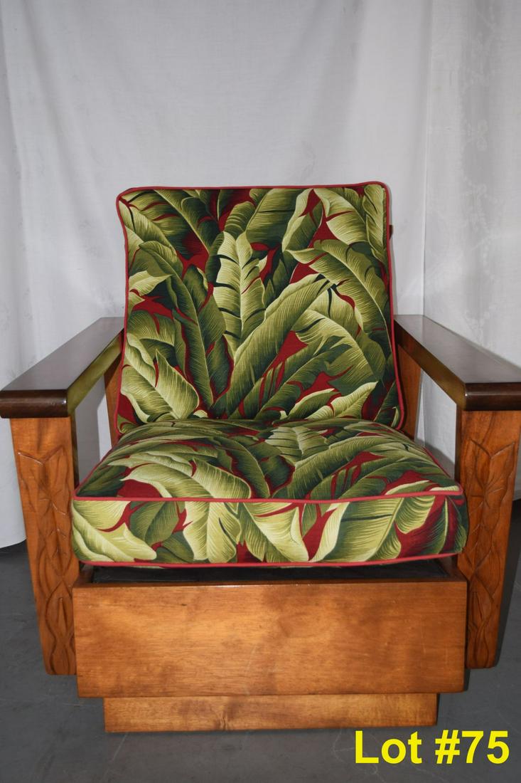 CARVED KOA ARM CHAIR, APE DESIGN & UPHOLSTERED CUSHIONS (1 of 5)