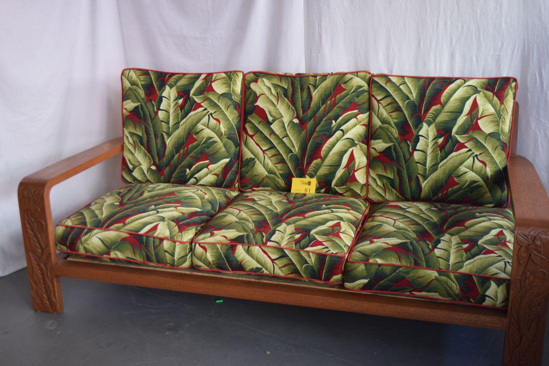 GUMP'S CARVED WHITE GINGER MAHOGANY SOFA, BARKCLOTH (1 of 3)