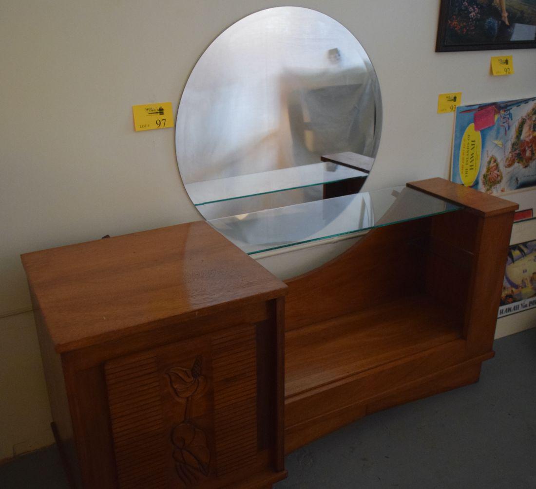 CARVED KOA VANITY, 2 DRAWERS, GLASS SHELVES & WALL (1 of 4)