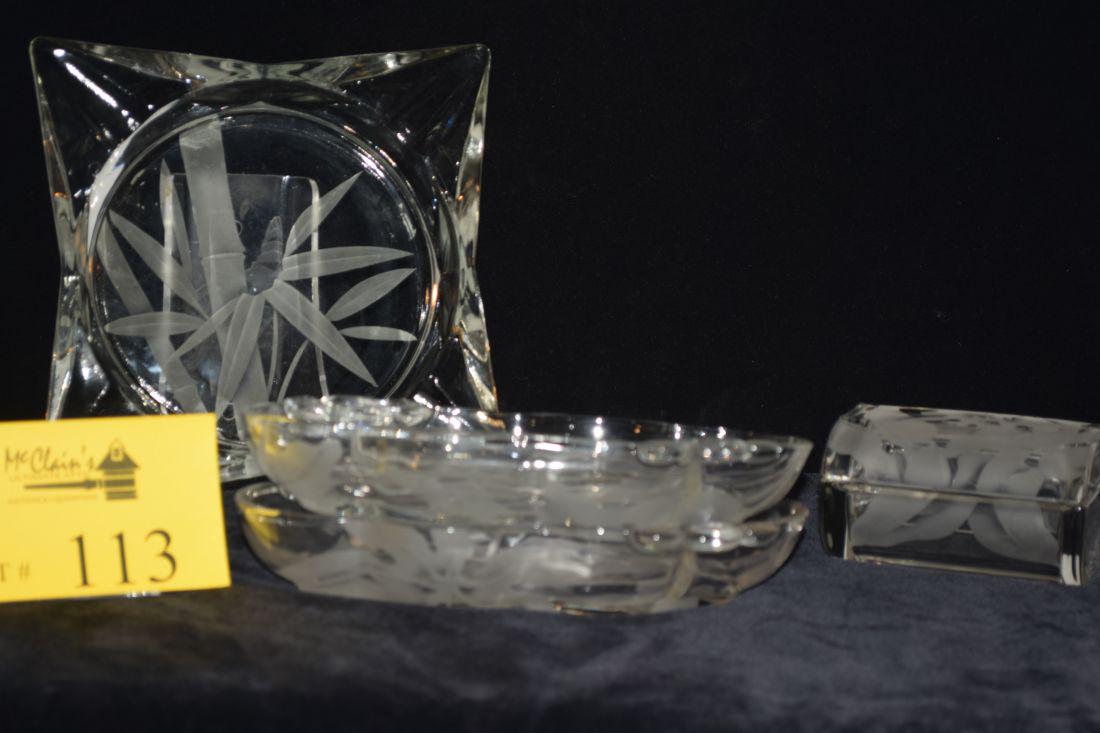 ETCHED GLASS ASHTRAY, COVERED BOX & RELISH DISHES (1 of 5)