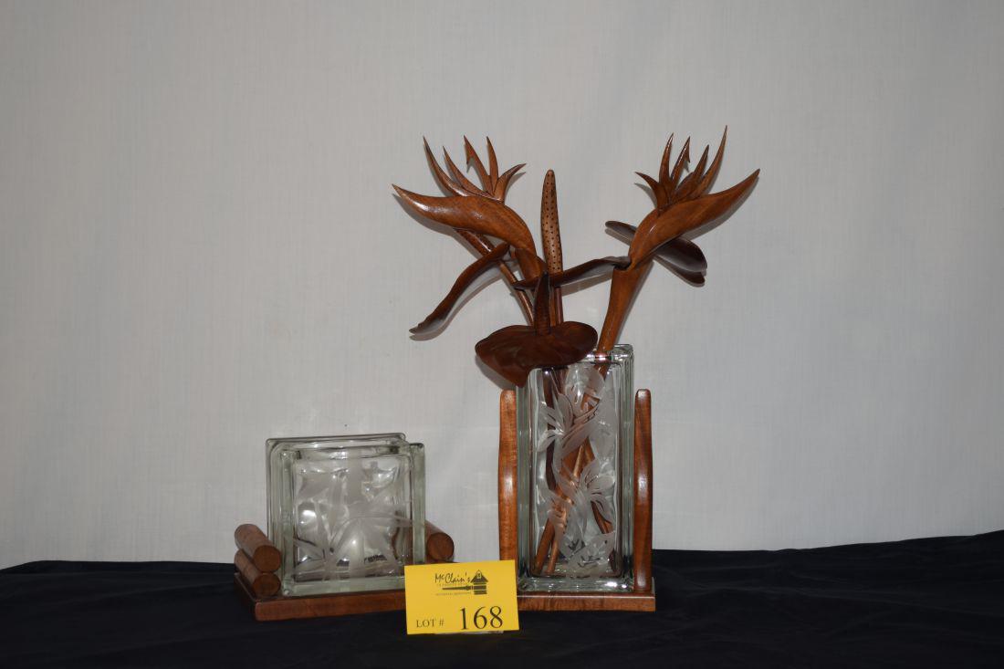 ETCHED BLOCK VASES W/BASES & MONKEYPOD STEMMED FLOWERS (1 of 7)