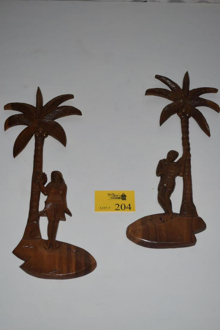 CARVED MONKEYPOD WALL PLAQUES, UKULELE PLAYER & HULA (1 of 5)