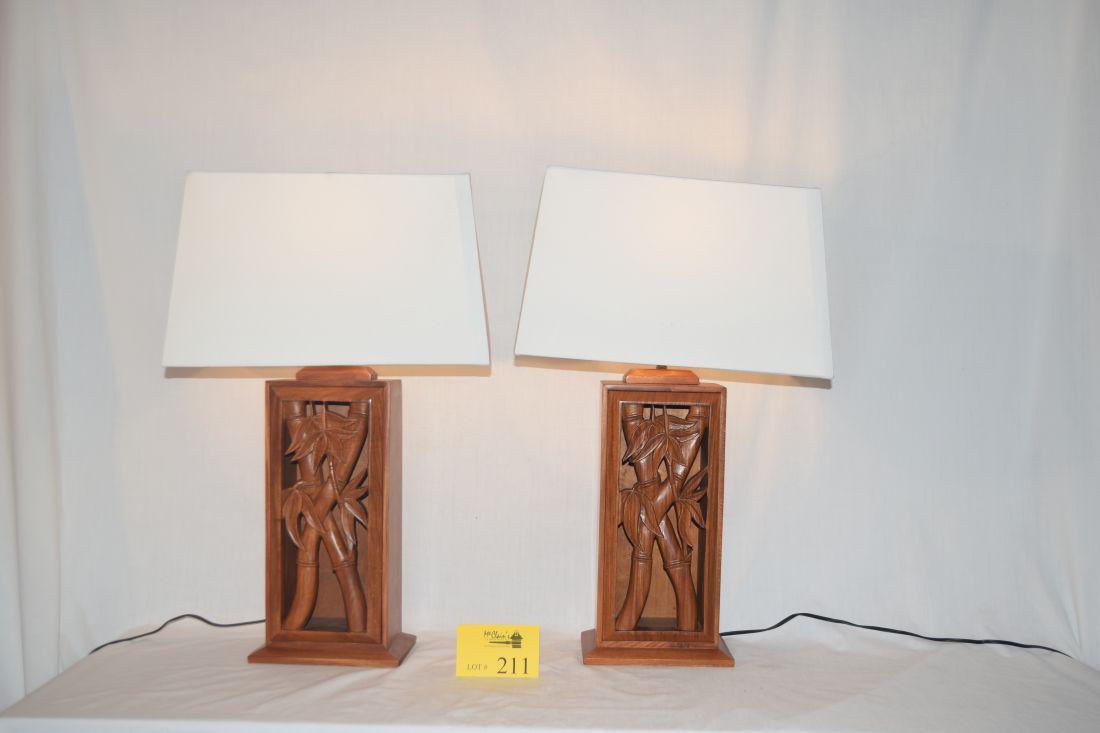 CARVED ACACIA WOOD TABLE LAMPS, BAMBOO MOTIF (1 of 4)