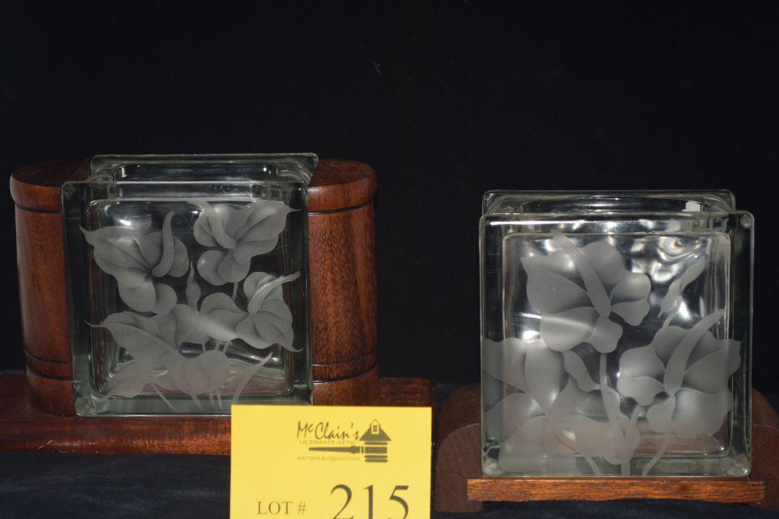 FRANK ODA ETCHED GLASS TILE BLOCK VASES, KOA BASES (1 of 7)