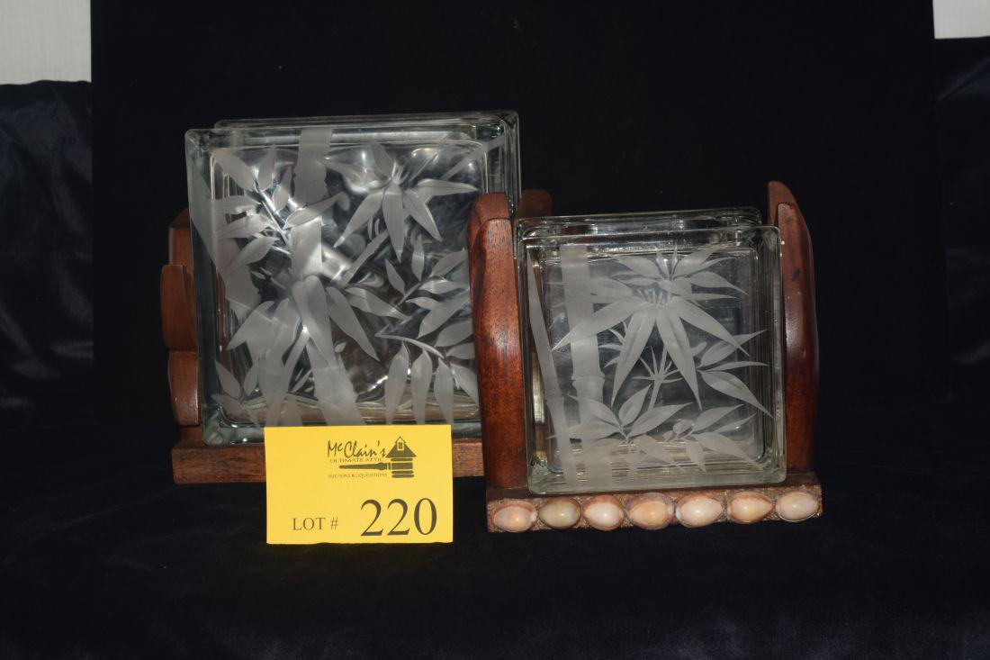 FRANK ODA ETCHED BLOCK VASES, WOOD BASES (1 of 5)