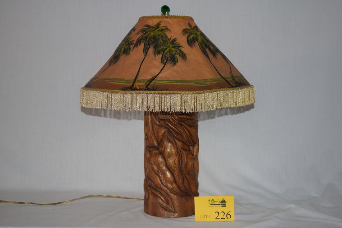 GUMP'S CARVED KOA TABLE LAMP W/HAND PAINTED SHADE: GUMP'S (ATTRIBUTED TO FRITZ ABPLANALP) 1930'S HEAVILY CARVED KOA TABLE LAMP, "TROPICAL FOLIAGE", W/HAND PAINTED SHADE BY CHARLES MOORE (SEE GUIDE) *