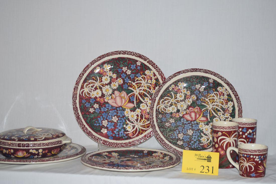 VERNON KILNS DISHES, LEI LANI, ULTRA SHAPE & LA MIRADA,: VERNON KILNS DINNERWARE, "LEI LANI" PATTERN, 2-14" CHARGERS, 2-12" CHARGERS, 1 MUG, 2 TUMBLERS IN ULTRA SHAPE & COVERED CASSEROLE IN LA MIRADA, 1940'S (8 PCS) *