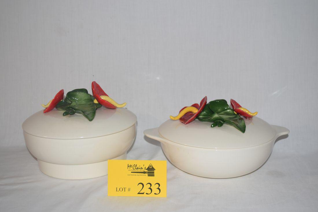 SANTA ANITA WARE COVERED CASSEROLES, ANTHURIUM: SANTA ANITA WARE COVERED CASSEROLES, "ANTHURIUM", W/SPECIAL GLAZE BY BRAD KEELER, CA. 1951 (2 PCS) *